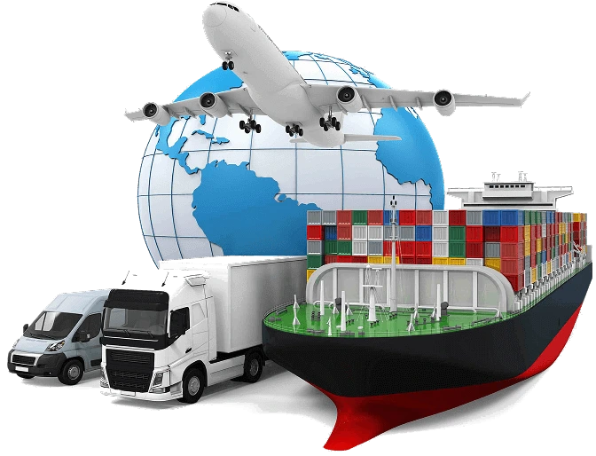 Ilustración de servicios de transporte marítimo, aéreo y terrestre global de COWO Solutions.